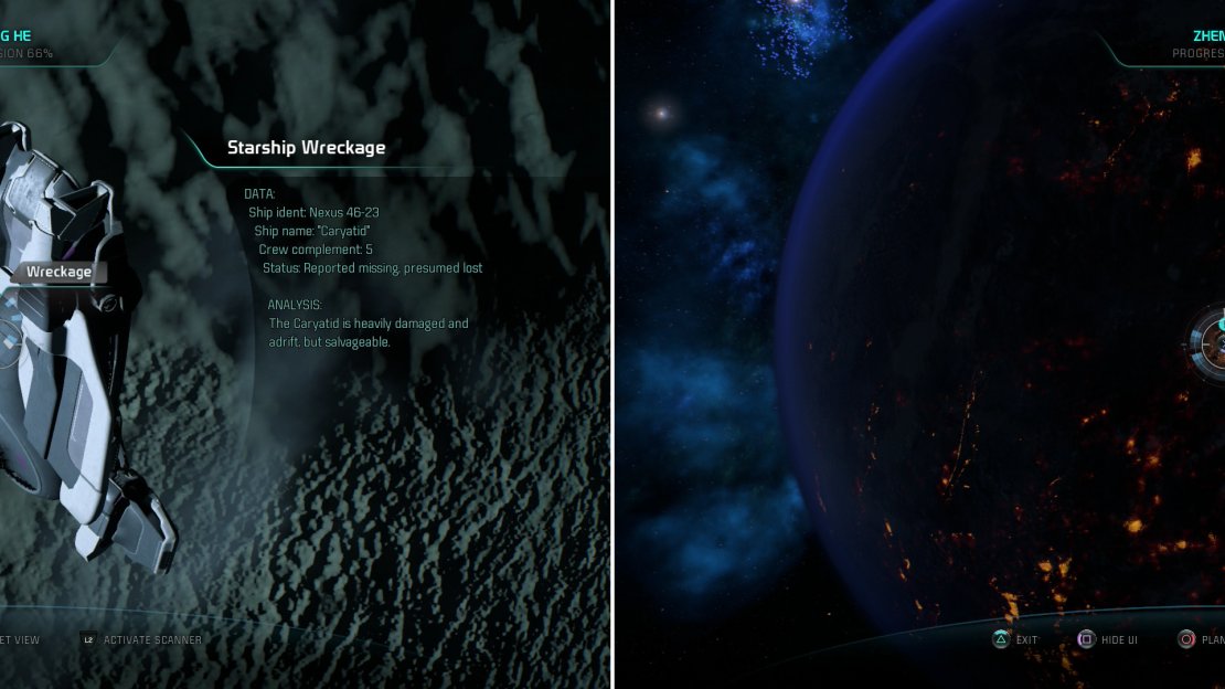 Waste not, want not - a Starship Wreckage can be scanned for salvage (left), while a volcano on Fei Xin can be scanned for XP (right).