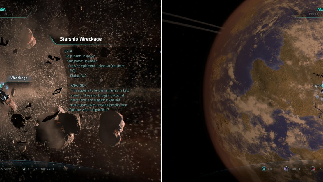 Scan a Starship Wreckage to score some salvage (left) then fly by Sedele and scan a river for some XP (right).