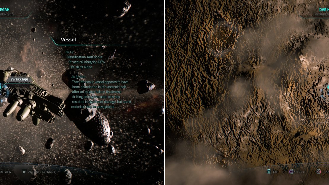 Recover some salvage from a derelict Vessel (left) and scan the Crater on H-505 to gain some XP (right).