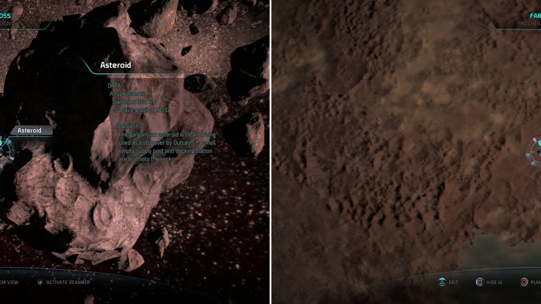 You’ll gain some XP if you notice that some Outcasts have built a small supply post on an Asteroid (left). On Grill you’ll find a Volcano, which is also worth XP (right).