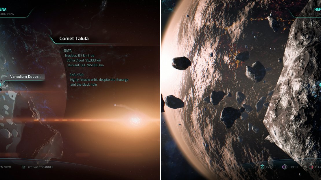 Comet Talula will bestow you with some Vanadium if you drop by (left) while an Asteroid in Kamiiro No’s ring system can be scanned for some XP (right).