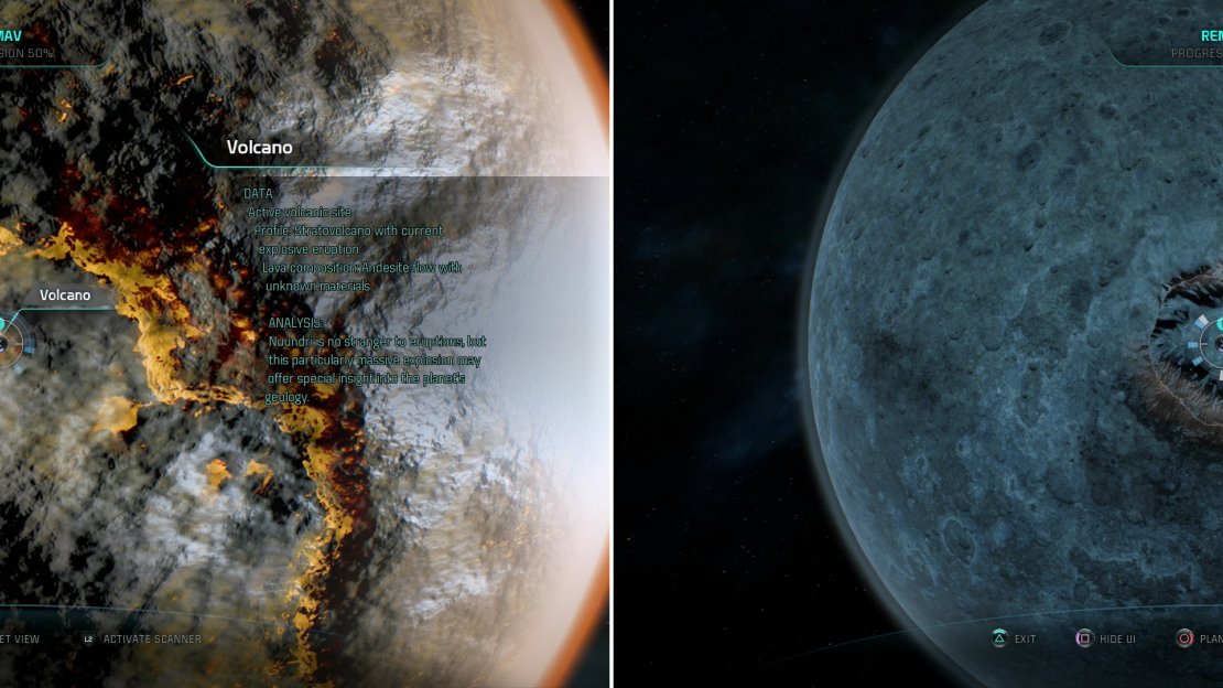 A Volcano on Nuundri can be scanned for some XP (left) as is a distinctive Crater on Ameayii (right).