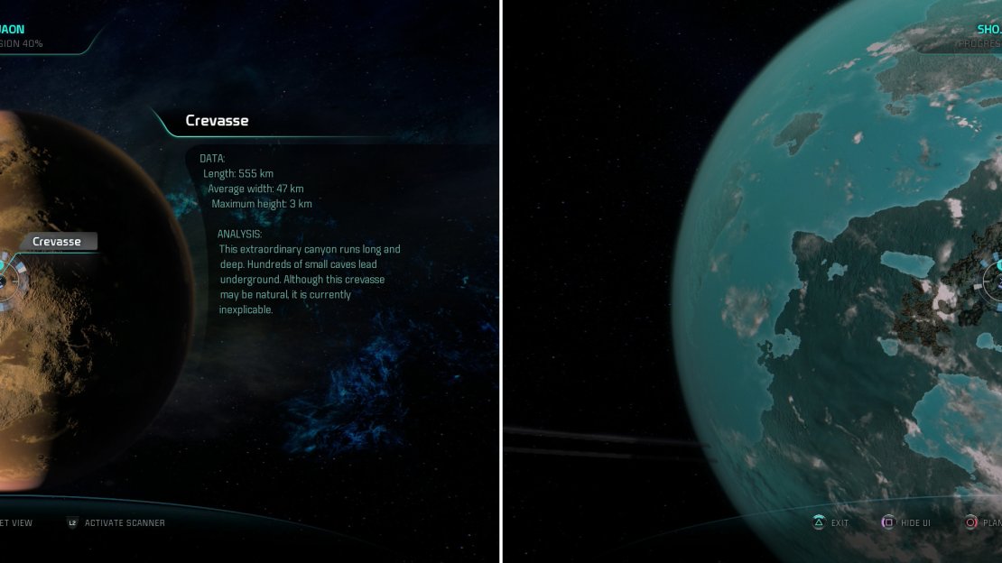 A Crevasse on Pas-24 will net your some XP when scanned (left), while Pas-48 will yield some copper (right).