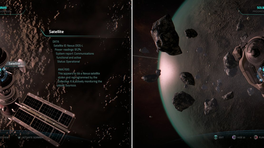 Both the Satellite orbiting Avelosa (left) and the Starship Wreckage orbiting Suuricco (right) yield Research Data points.
