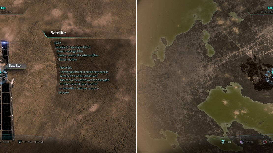 Scan the satellite orbiting Pas-65 to earn some Research Data (left) then extract some iron from the surface of Tentrobiil (right).
