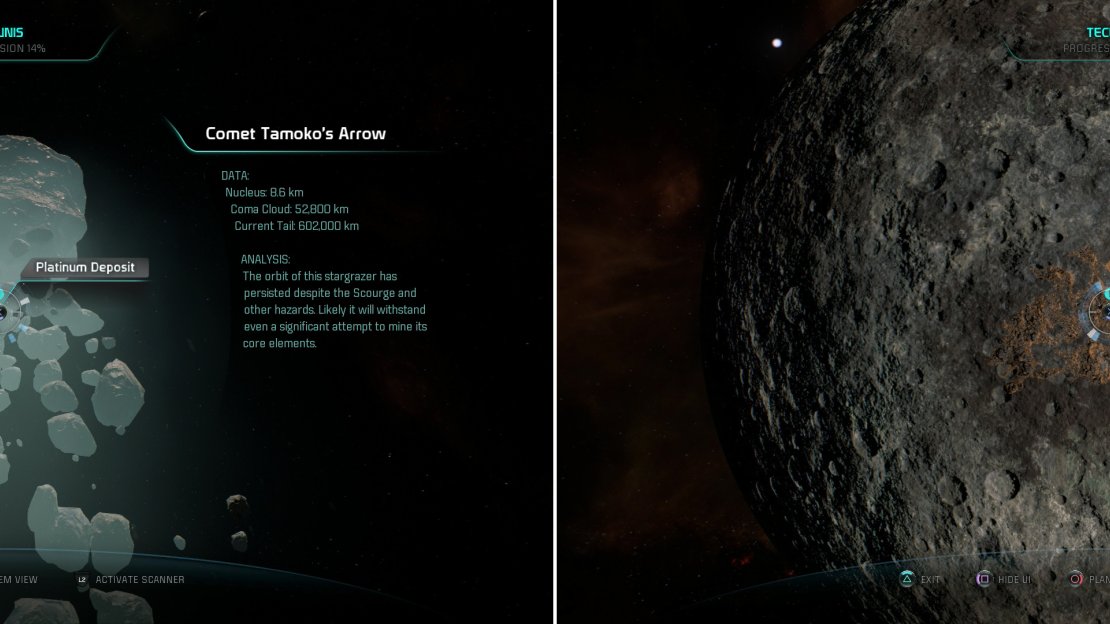Comet Tamoko’s Arrow - like most named Heleus comets - will yield precious minerals (left), while the surface of Mosiiba has a more humble offering (right).