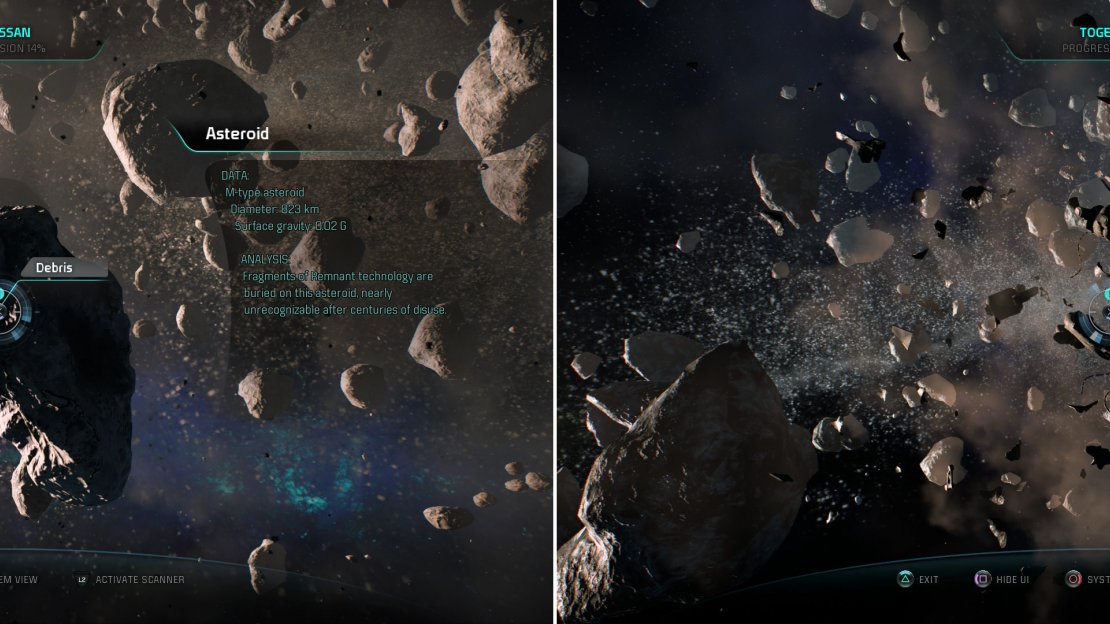 Some Remnant debris near an Asteroid is worth some XP (left), while a Starship Wreckage can be searched for salvage (right).
