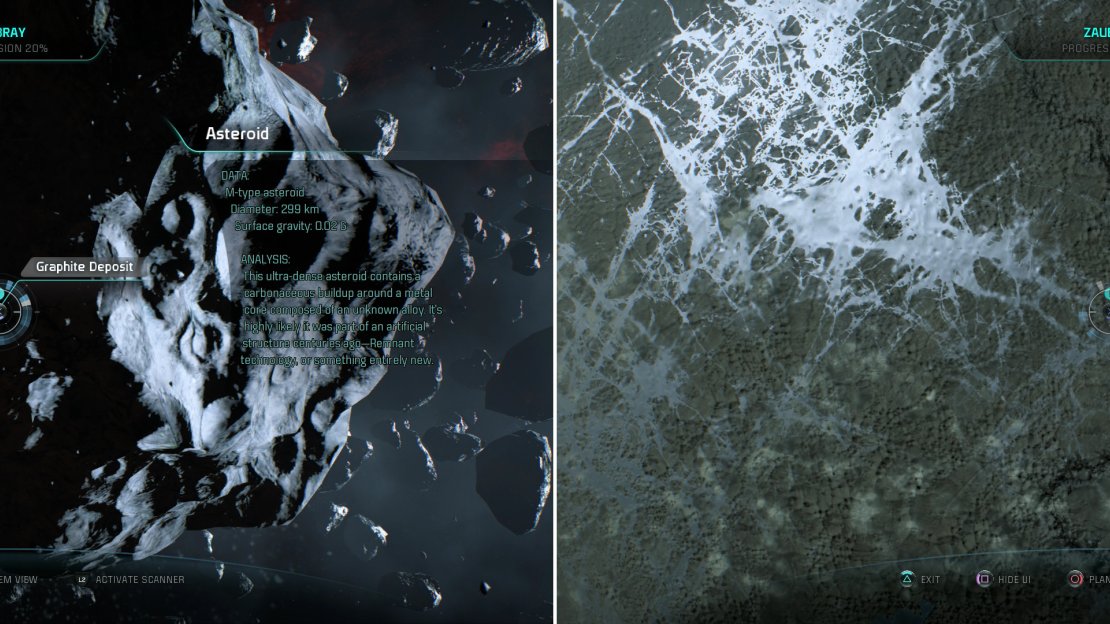 Scan an Asteroid to find a Graphite Deposit (left), then scan the unusual crevasse on Dubraaci to earn some XP (right).