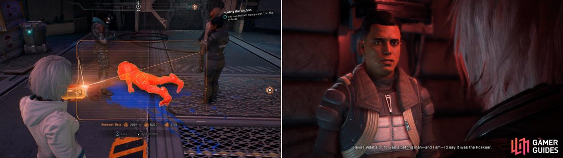 Scan the murdered Angaran in Kadara&rsquo;s marketplace (left) then visit Reyes Vidal in Tartarus to hear his suspicions (right).