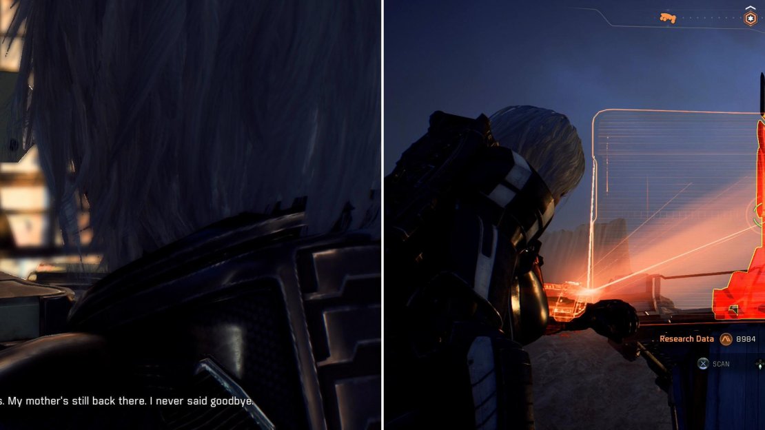 Talk to the Asari Refugee and she’ll complain about not being able to contact her family on the Nexus (left) scan, then repair the Communication Array (left) to fulfill her wishes.