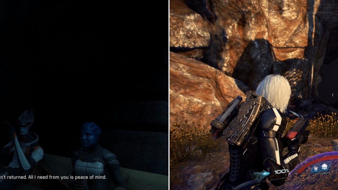 Talk to Wilma, who will ask you to discreetly pick up some potent alcohol (left). Visit the Kadara marketplace and read a datapad to learn where the bootleggers have relocated (right).