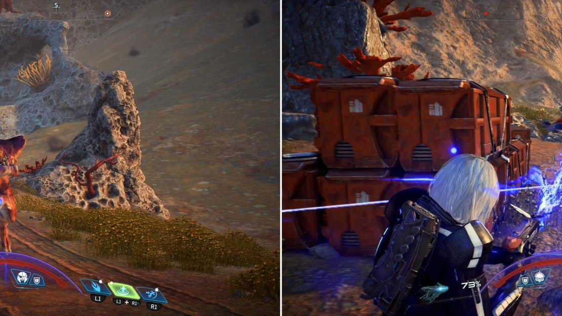 Not only will you face familiar Heleus wildlife on Kadara (left), but the lawless nature of the badlands makes it home to plenty of ne’er-do-wells (right).