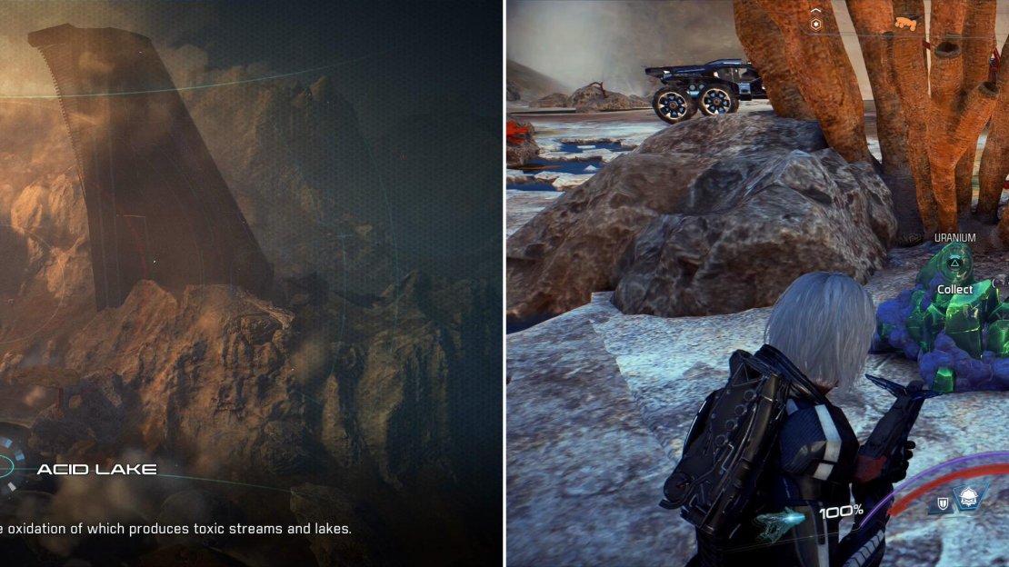 Heed SAM’s advice - stay out of Kadara’s water (left). As befitting such a toxic planet, nodes of Uranium and other minerals can be found on the surface (right).