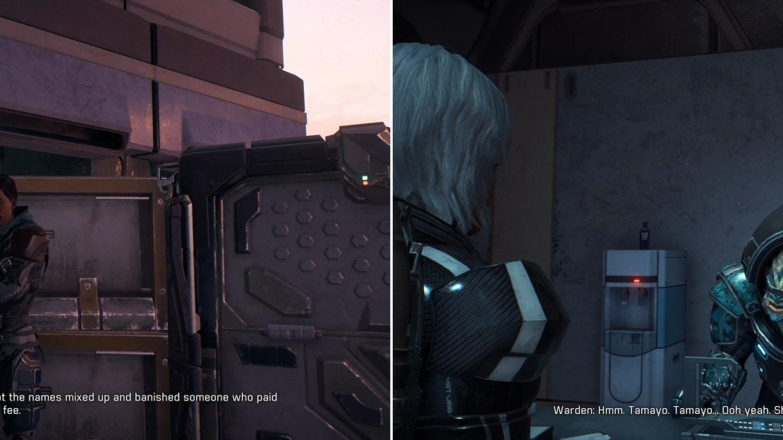 Grayson Wessler will tell you about his dangerous incompetence (left), while the Warden will give you a location… and a reason not to take your time! (right)