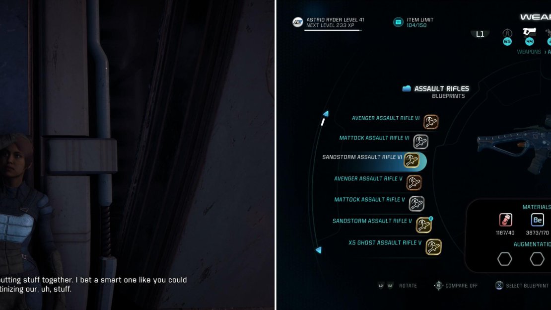 Talk to a Disillusioned Outlaw outside Tartarus (left) then build one of the Outlaw weapons he recommends (right).
