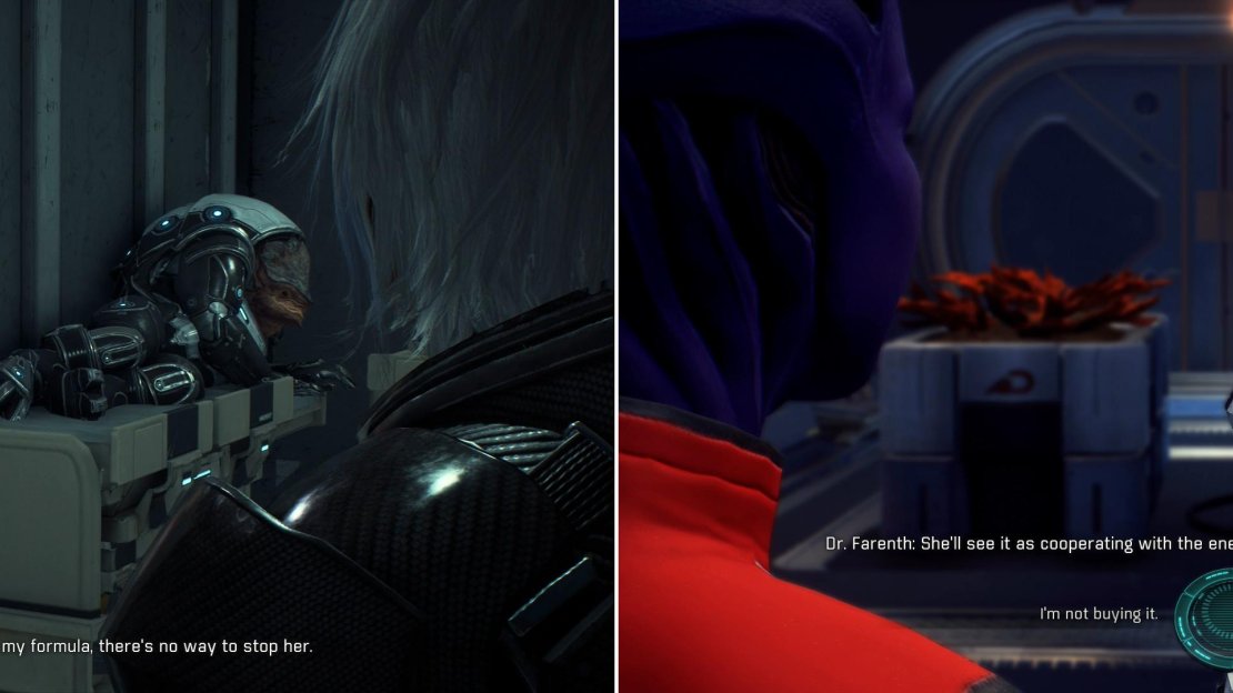 After bemoaning the misuse of his discovery, Dr. Nakamoto will suggest a solution (left). Fight through the Outcast guards and make a decision concerning Dr. Farenth and the formula (right).