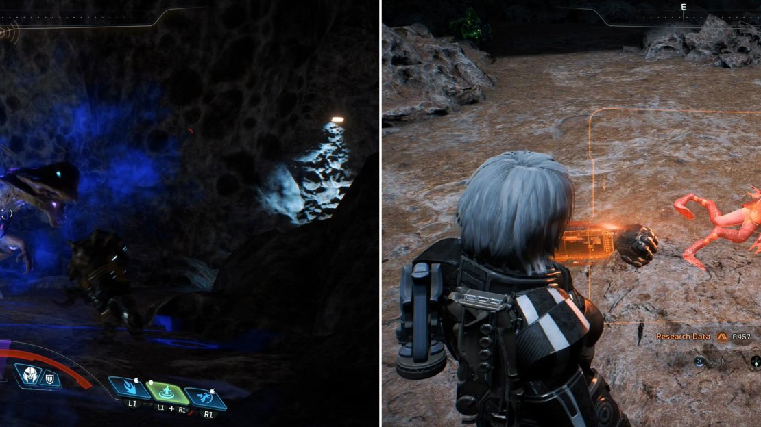 The cave is full of nasty beasties (left), but press on and you’ll find out what happened to Derc’s surveyor (right).