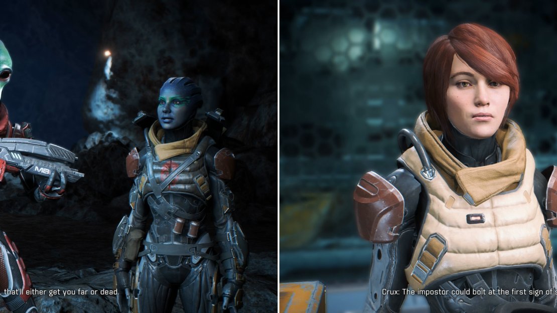 Stumble upon the Collective Base and you’ll find that the Charlatan apparently isn’t hostile (left). Talk to Crux - the commander of this base - to learn they’ve been compromised (right).