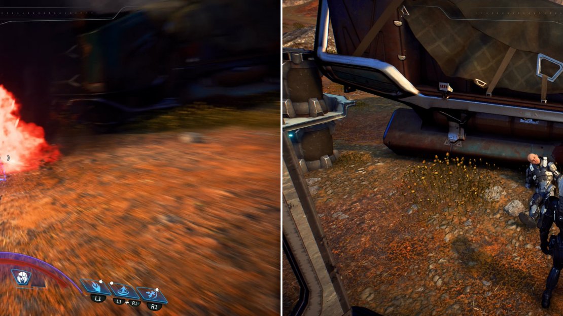 Destroy the explosives around the ruse camp (left) then read the schemer’s datapad (right) and claim the stolen loot for yourself.