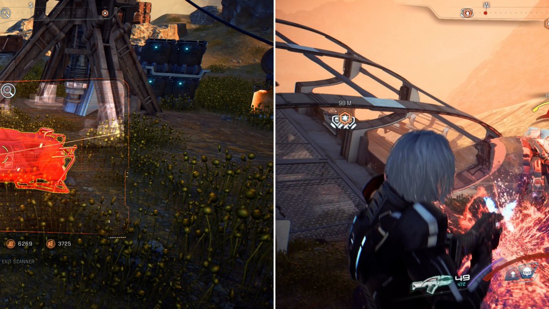 Scan Weapons Caches at various outlaw camps across Kadara (left), then head to the enemy base and defeat your foes there, which include two Hydra mechs (right).
