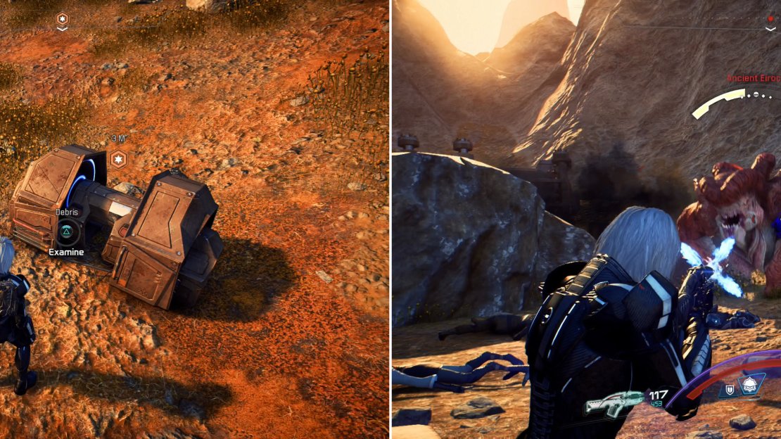Search the debris at the scavenger camp (left) then defeat the Ancient Eiroch that appears (right).