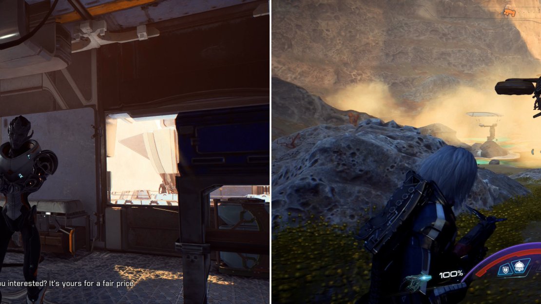 Buy a navpoint off Thrasia (left) then travel to the location she provided, only to find that you’re not the only one interested in this place (right).