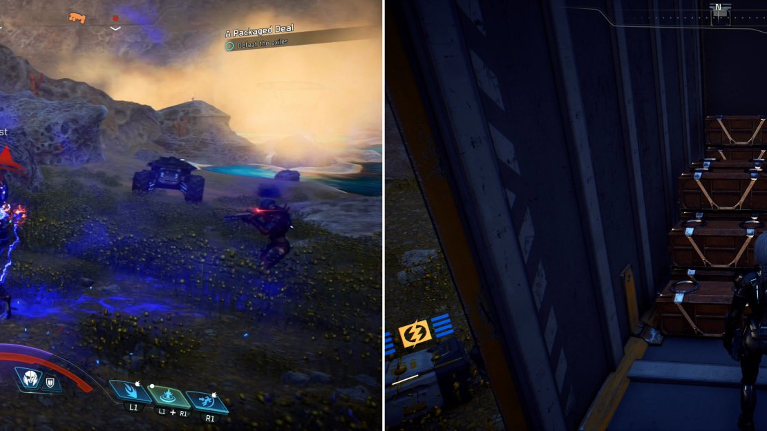 Defeat the enemies that deploy via dropship (left) then claim the loot Thrasia promised you (right).