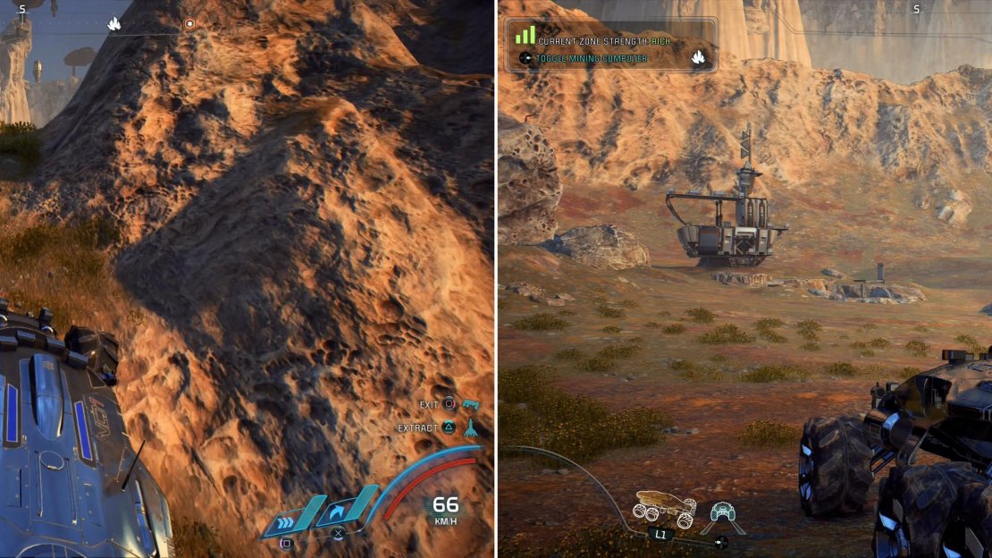 Drive up a mountain pass (left) to find an elevated clearing in the mountains with an isolated building (right).