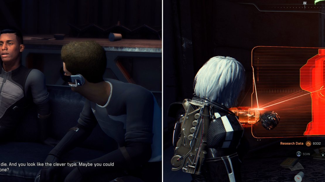 Find the source of the navpoint to discover that… well, it’s a big waste of time (left). At least you can scan an Adapted Initiative Core Tech device before you leave (right).