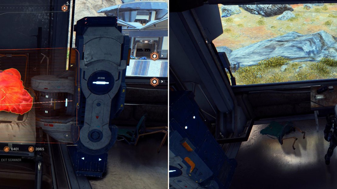 Scan some Angaran bodies (left) and read a Datapad (right) piece together clues as to what happened at this Angaran settlement.