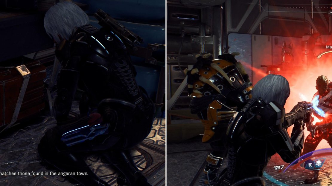 Search the lower room of the Charybdis Point building to find some damning evidence (left) then put down the saboteur and his goons (right).