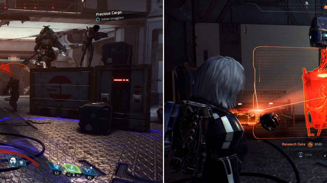 Defeat Zia and her fellow conspirators (left) and scan an Angaran Integrated Tech Node device while Reyes cleans up (right).