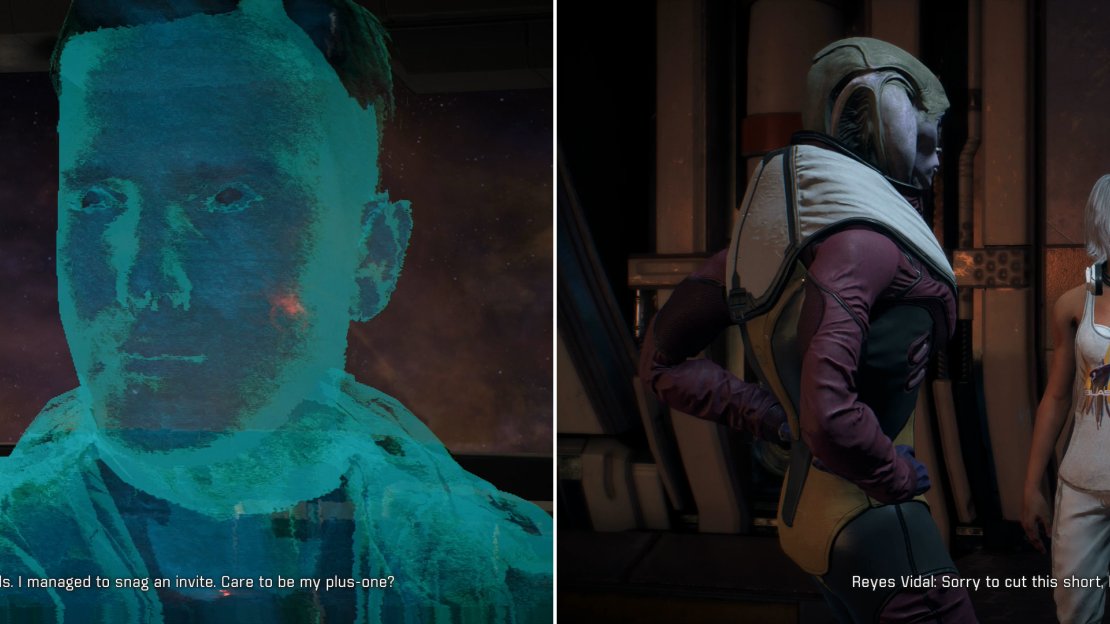 After helping Reyes with his Zia problem, he’ll make another invitation via vidcon (left). Join him at Sloane’s party and he’ll quickly excuse himself (right).