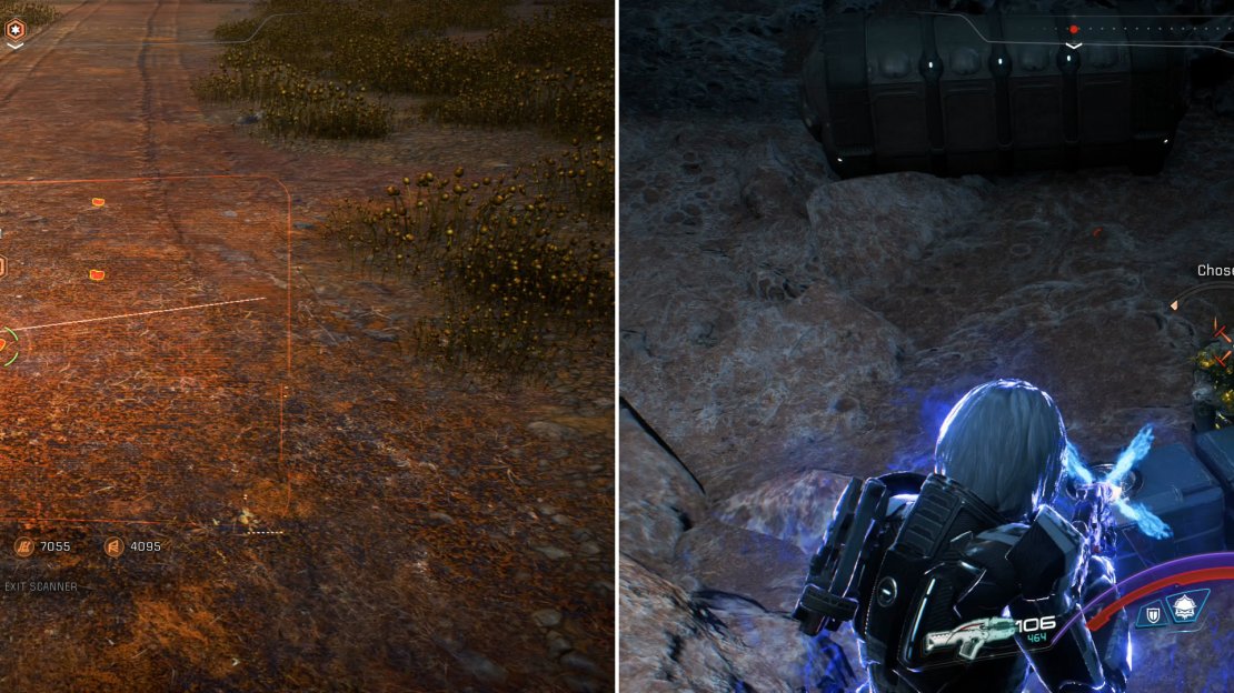 Scan and follow a series of tracks (left) to find a cave, inside which Kett dwell (right).