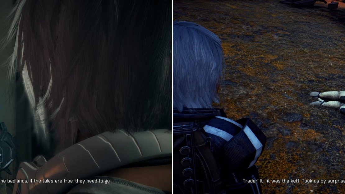 Visit Kaetus and he’ll tell you about an ominous threat that may yet linger on Kadara (left). Find a sacked shuttle and a victim will identify the perpetrators (right).