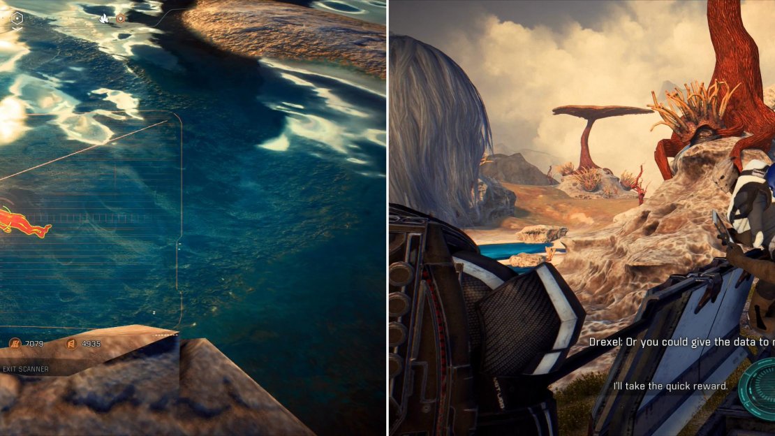 Around Kadara you’ll find various bodies of water, which are being used as convenient dumping grounds for… bodies. Ironic. (left) Scan these bodies and return to Saneris and Drexel and choose between their offers (right).