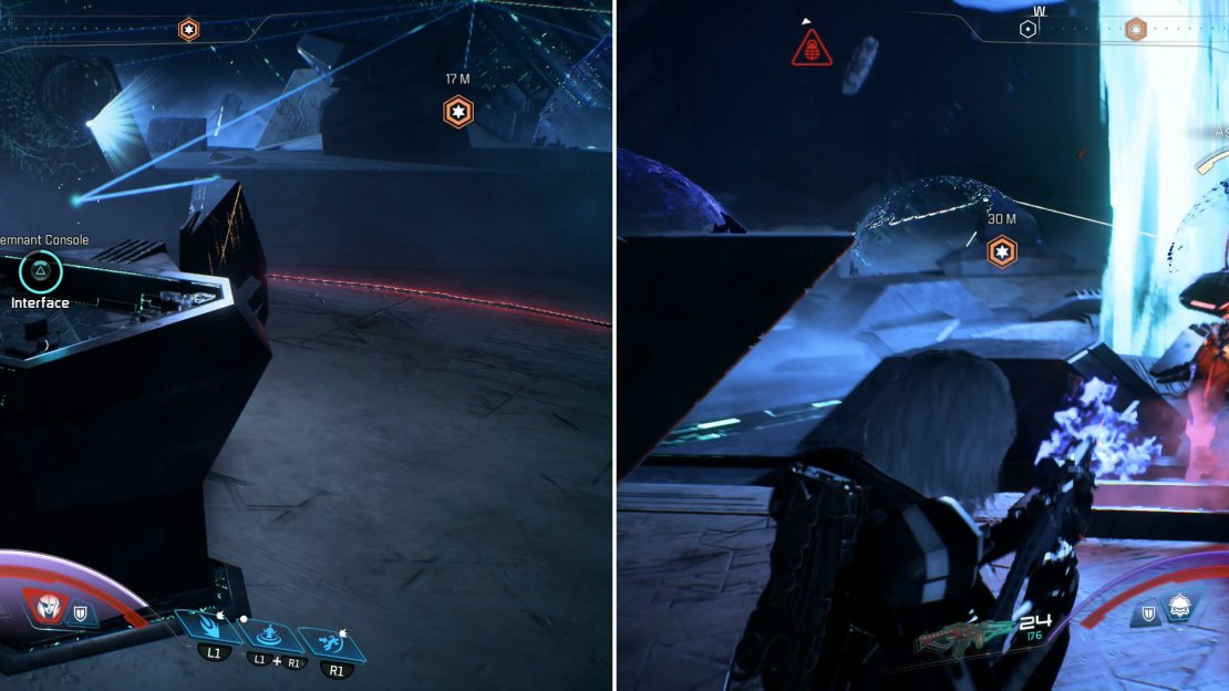 Endure the punishment and activate the Remnant Consoles in the vault core (left) and dispatch Remnant every time you activate a console (right).