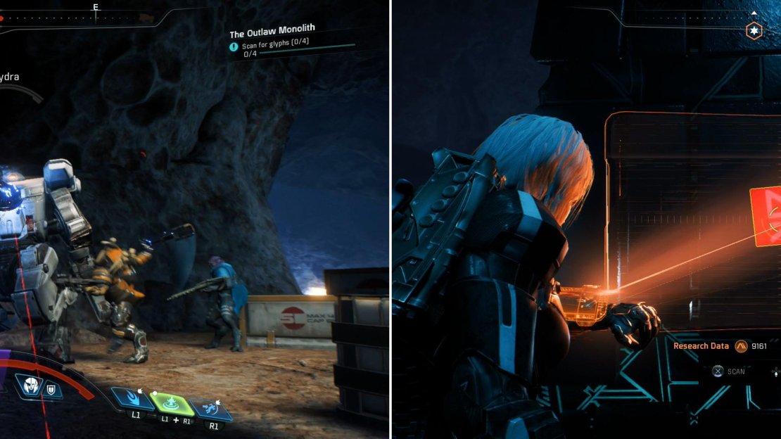 Defeat the Raiders in the cave, including their Hydra mech (left) then scan the glyphs to activate the southern monolith (right).