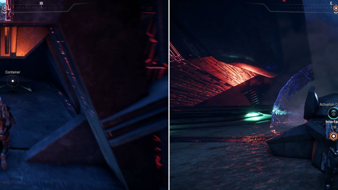 Loot the container behind the barrier-sealed room (left) then activate the console in the Gravity Well chamber to escape the purification field (right).