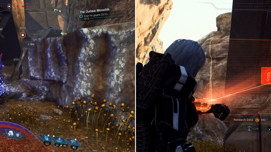 Kill the outlaws near the western monolith (left) then scan the glyphs to activate the monolith (right).