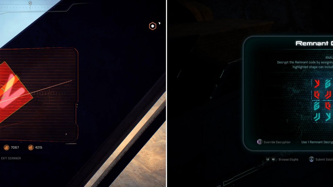 Scan the glyphs near the eastern monolith (left) then solve the Remnant puzzle (right).