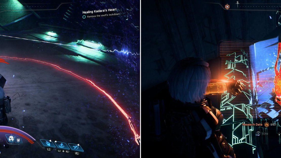 The energy barriers around some console will damage you, but you’ll need to bear with it to activate them (left). Search the ledges to the east to find an Adaptive Remnant Core Device (right).