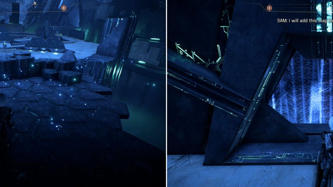 Don’t activate the Remnant Console at the entrance to the vault proper, which will allow you to cross a Remnant bridge (left). Note the chamber behind the energy barrier, which is worth planning to return to as you flee the vault (right).