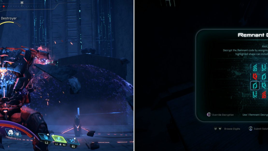 Kill the Destroyer (left) then solve a Remnant puzzle to gain a permanent bonus to your skill points (right).
