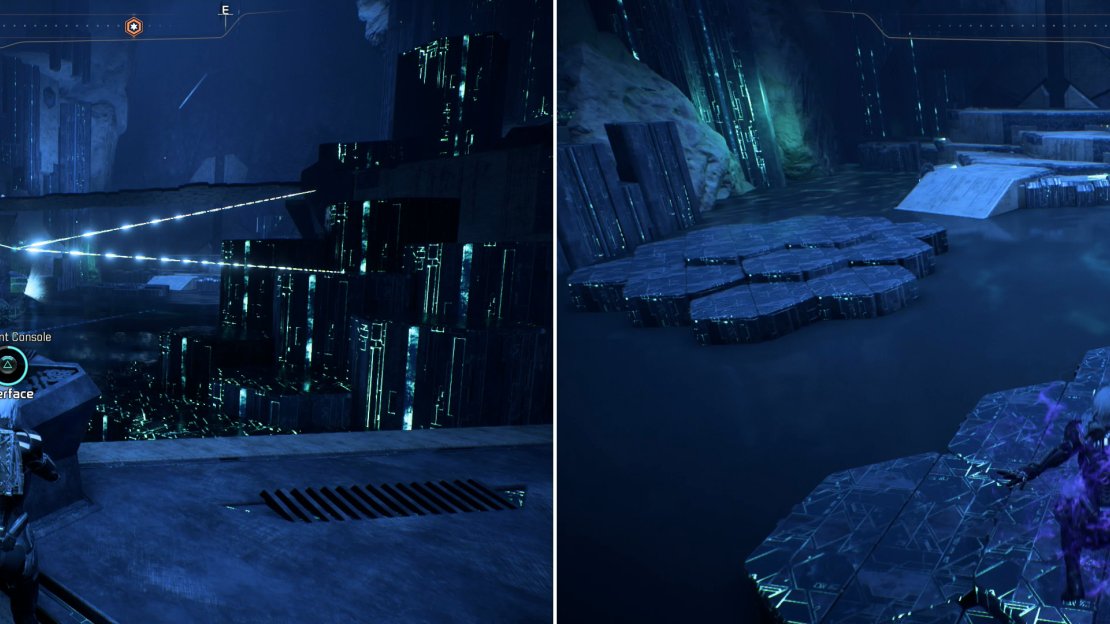 Return to the beginning of the vault and activate the previously ignored Remnant Console (left) then leap across the “lily pad” platforms deployed by aforementioned console (right).