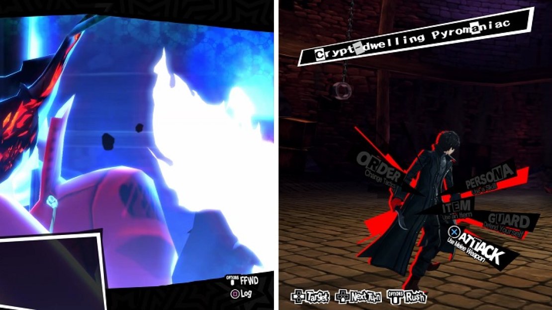 You awaken to your Persona, Arsene (left). You will be taught the basics of battling in your first fight (right).