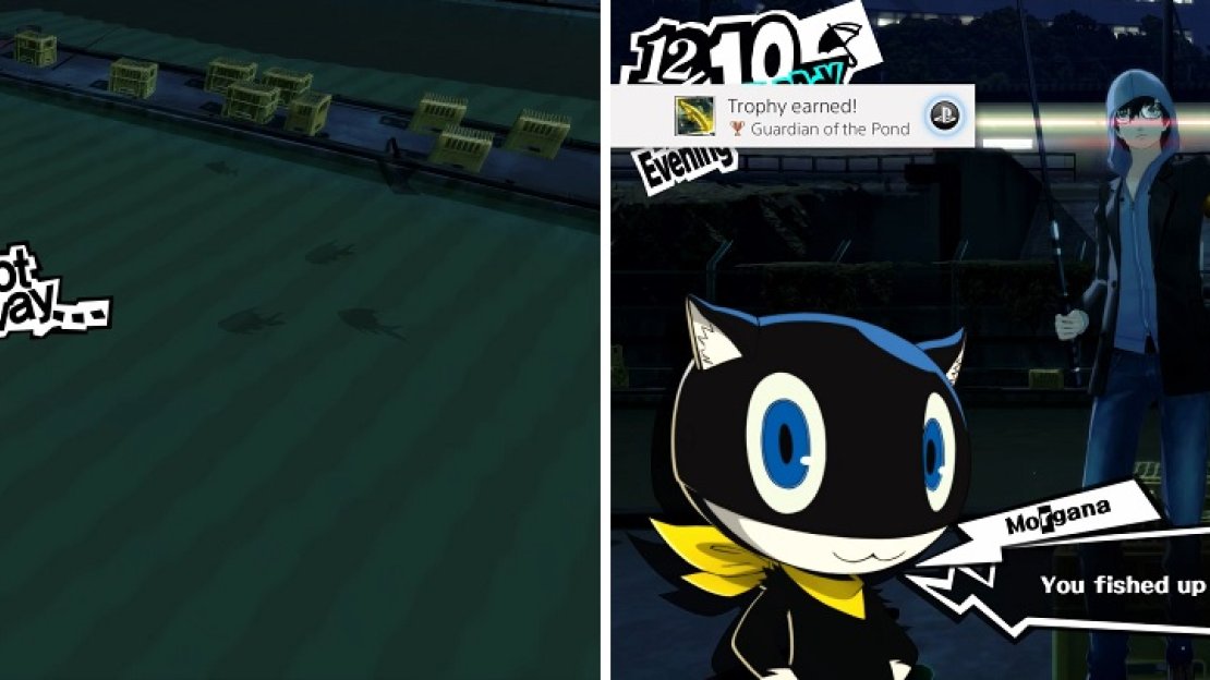 Try to lure the Guardian as close as possible (left) before hooking it and reeling it in (right).