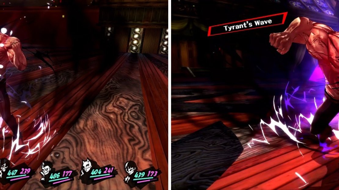 Once his half is at 50%, he will begin using Tyrant’s Glare to get an extra turn (left), then finish the round with Tyrant’s Wave, damaging everyone (right).
