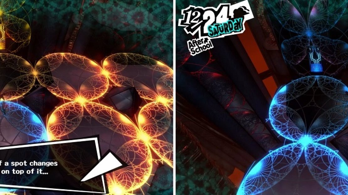 Step onto each light to change them from orange to blue (left), with the goal being to turn them all blue (right).