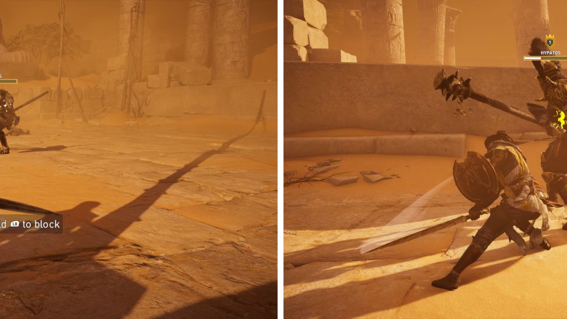 Block his slow attacks (left) and then proceed to counter with your own sword swings (right).